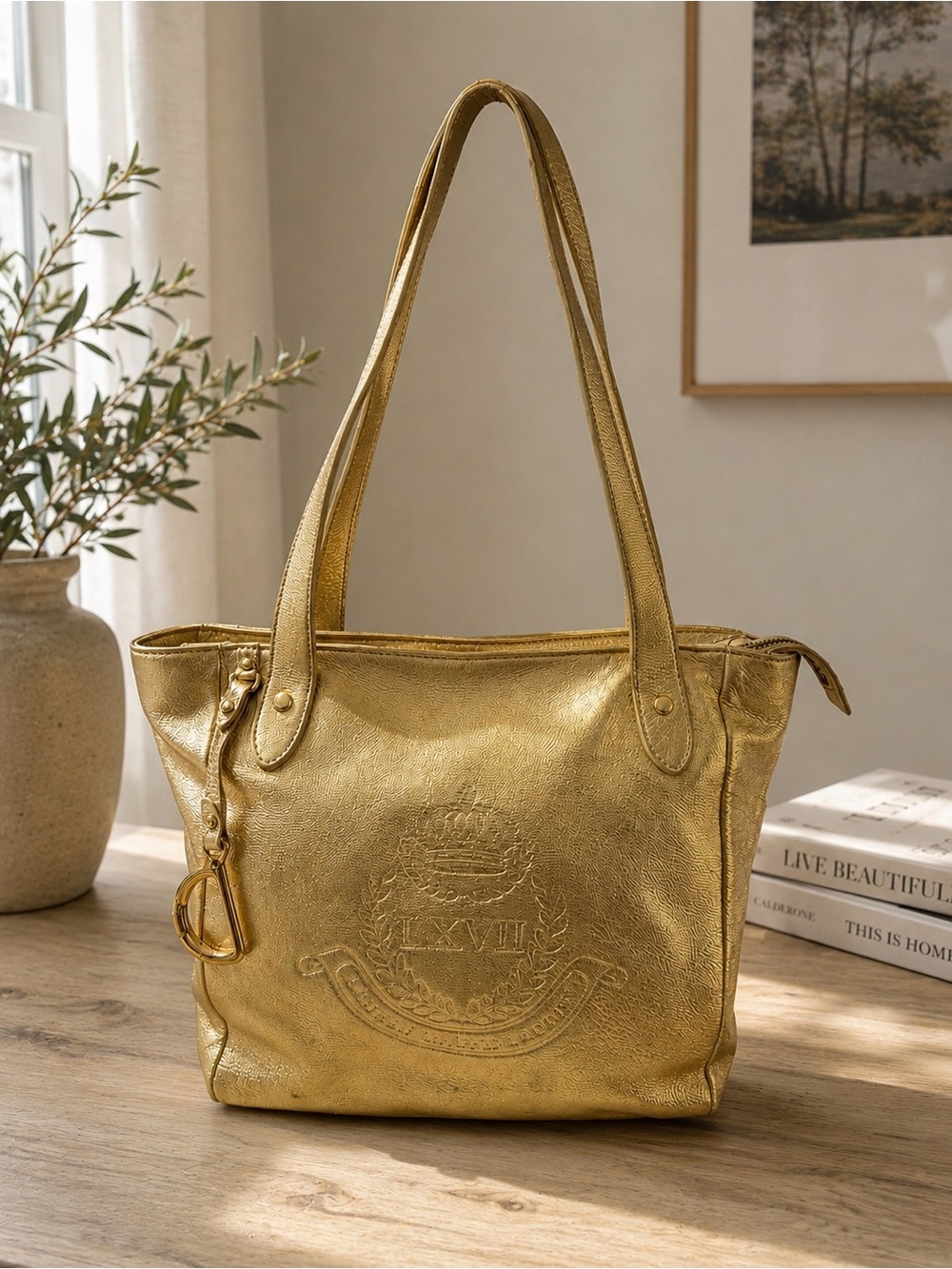 Lauren Ralph Lauren Metallic Gold LXVII Crest Tote Bag LG Shopper Shoulder Purse - Picture 2 of 13